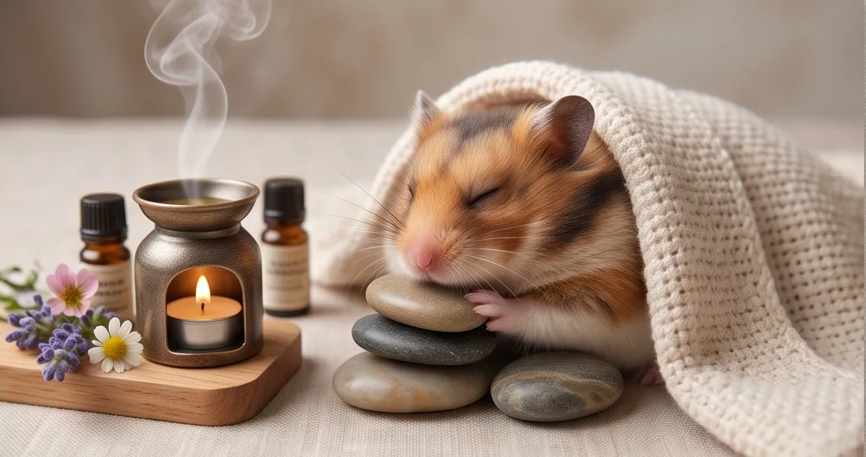 Un criceto addormentato sotto una copertina di lana accanto a un diffusore acceso e pietre lisce