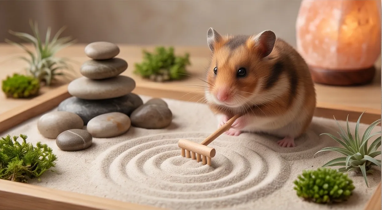 Un criceto in un giardino zen in miniatura, con sabbia rastrellata a cerchi e pietre impilate