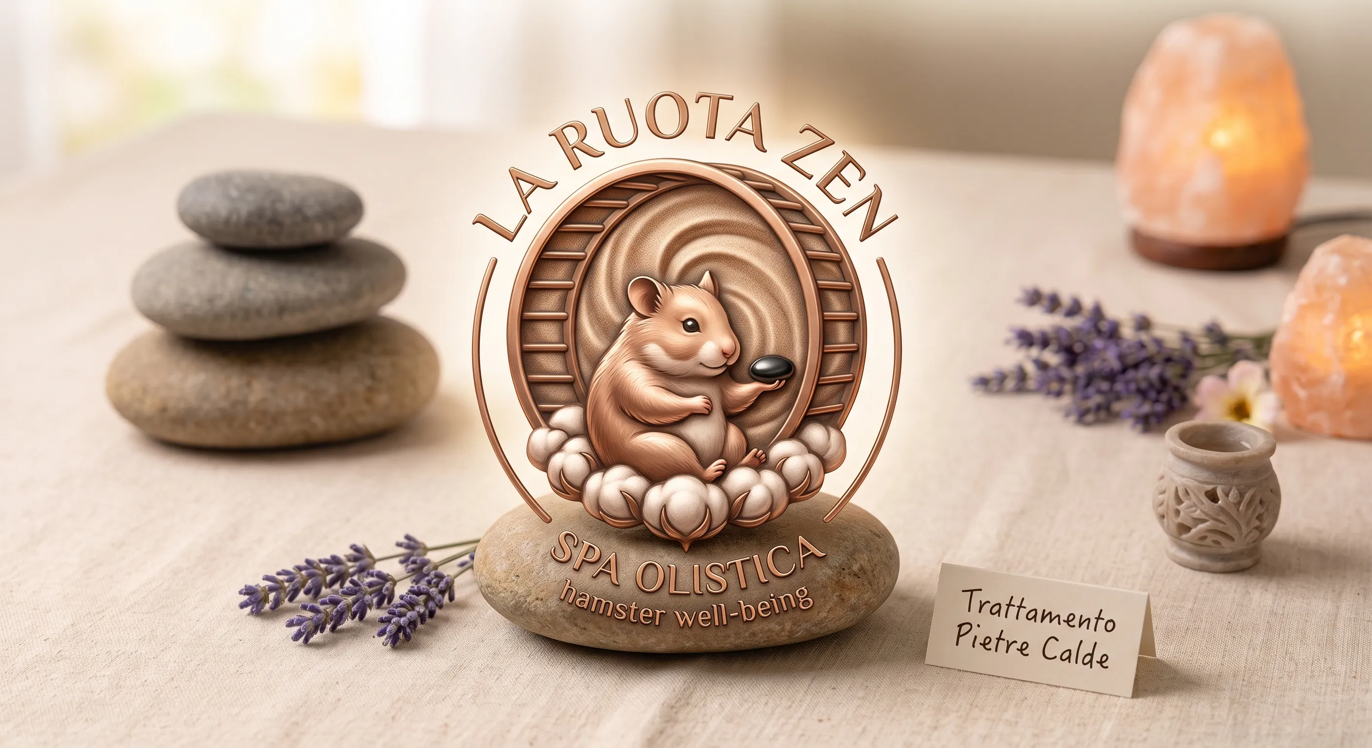 Il marchio de La Ruota Zen inciso su un ciottolo di fiume, fra pietre impilate e lavanda