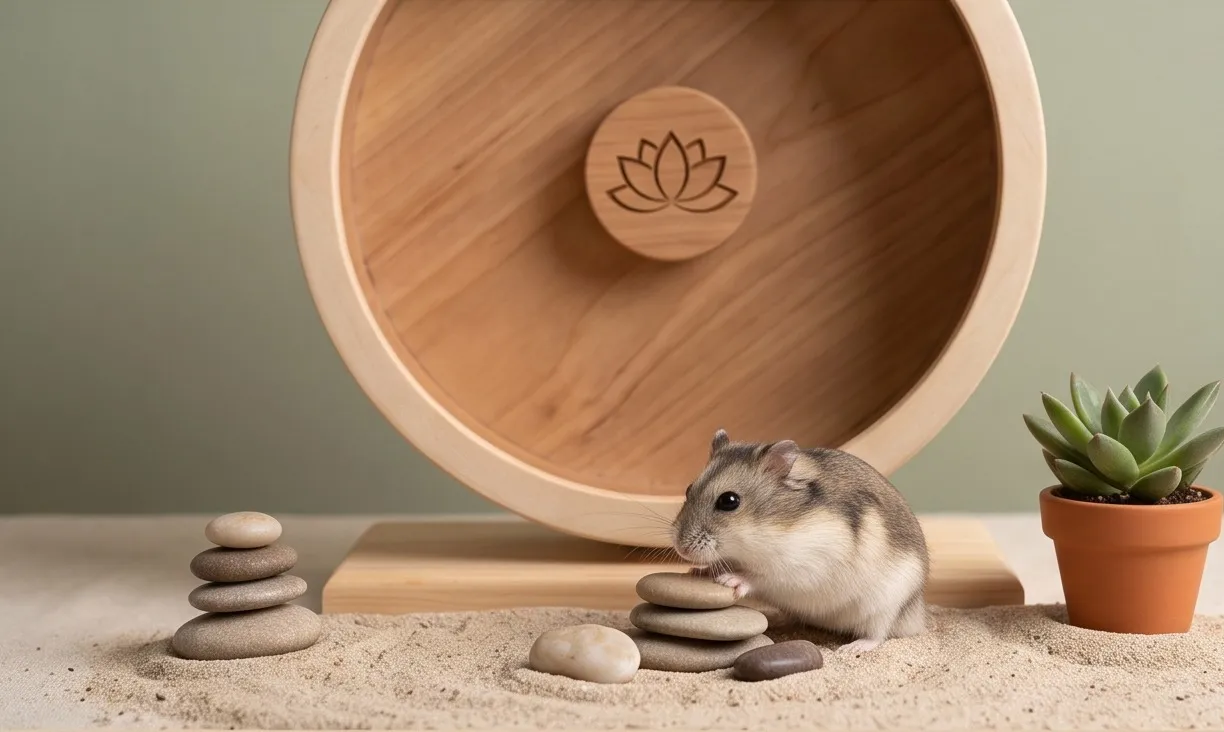 Una grande ruota in legno di acero con un loto inciso al centro, e un criceto seduto sulla sabbia accanto